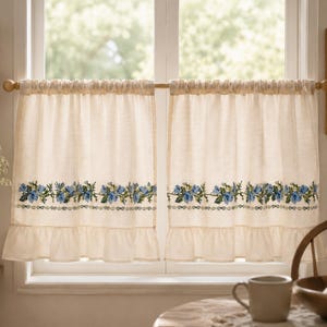 Broderad blommig linne-cafégardin, volanggardin i bomull för kök, lantlig stil i lantlig stil