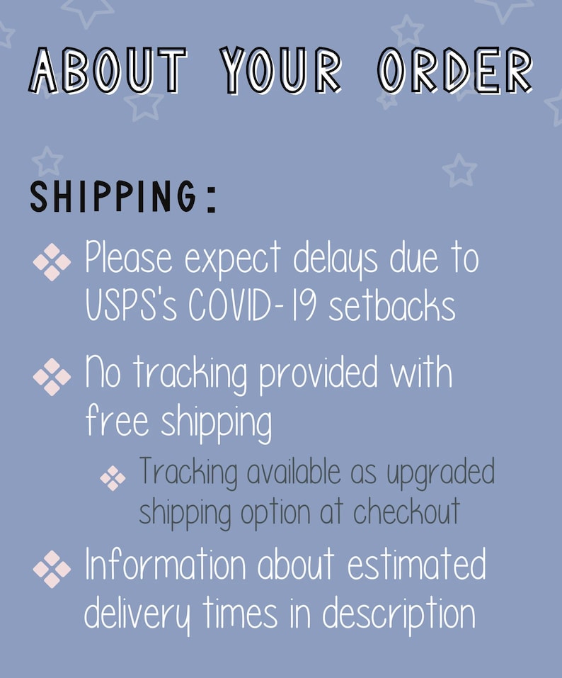 May include: A blue and white graphic with the text "ABOUT YOUR ORDER" and "SHIPPING:" with information about shipping delays due to USPS COVID-19 setbacks, free shipping, and tracking options.