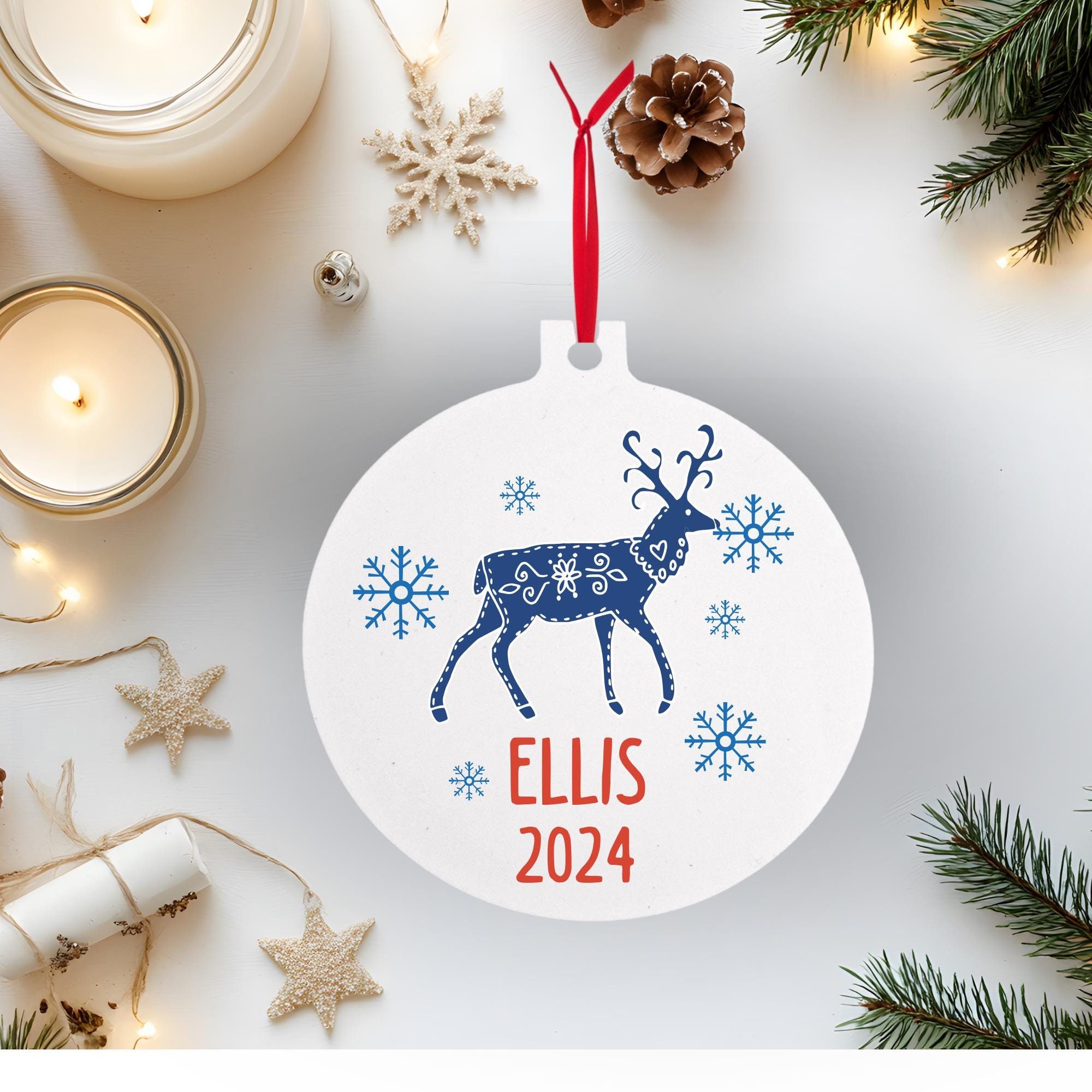 Personalized Scandinavian Christmas Ornaments/Swedish Folk Art Gift /Norwegian Christmas Home Decor/customized child Christmas Gift reindeer