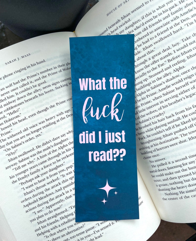 Puede incluir: Un marcap&aacute;ginas azul con un dise&ntilde;o de estrella rosa y el texto "What the fuck did I just read?" en letras rosas.