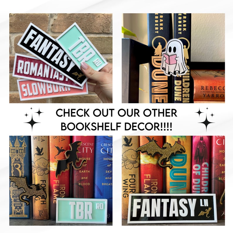 Puede incluir: Una estanter&iacute;a decorada con sujetalibros y pegatinas con tem&aacute;tica de fantas&iacute;a. Los sujetalibros son un drag&oacute;n negro, un drag&oacute;n dorado y un fantasma. Las pegatinas dicen "Fantasy", "TBR", "Romaniast" y "Slowburn".