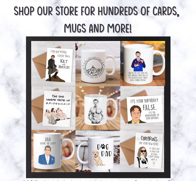 May include: A collage of greeting cards and mugs featuring various designs. The cards include a birthday card with a kilt and a bridesmaid card. The mugs include a mug with a dog, a mug with a man in a suit, and a mug with a man with a beard. The text on the cards and mugs includes phrases like "It's your birthday? False. It's the anniversary of your birthday" and "Congrats on your new bebe!"