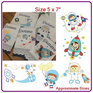 Pode incluir: Cinco panos de boca para bebé bordados brancos com detalhes azuis e vermelhos. Os panos de boca apresentam um foguete, um astronauta e estrelas. O nome "Gustavo" está bordado em cada pano de boca. Os panos de boca medem 5 polegadas por 7 polegadas.