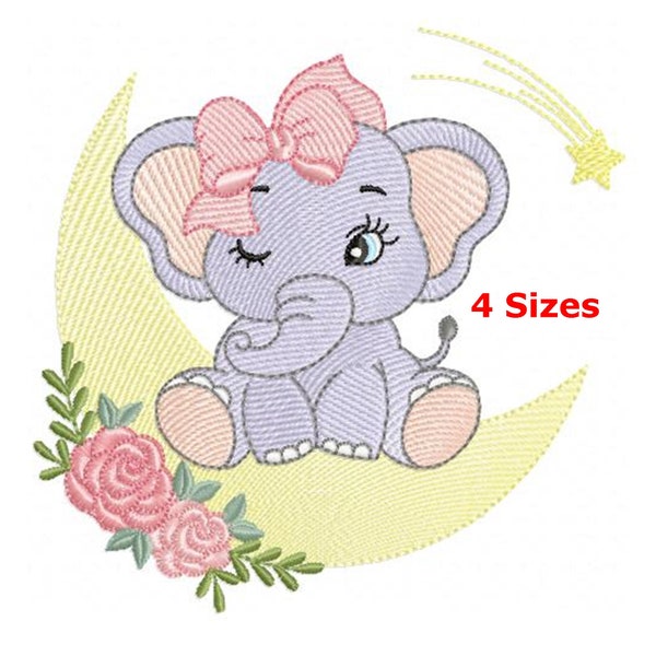 Elephant on the moon embroidery designs machine pattern - instant dowload.