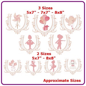 May include: A set of eight embroidery designs featuring various themes, including a pinwheel, balloons, a bird, a ballerina, kites, and a poodle. The designs are available in two sizes: 5x7 inches and 8x8 inches.