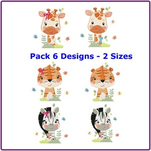May include: A set of six embroidery designs featuring cute animal illustrations. The designs include a giraffe, tiger, and zebra, each with a bow and surrounded by flowers and butterflies. The text "Pack 6 Designs - 2 Sizes" is displayed at the top of the image.