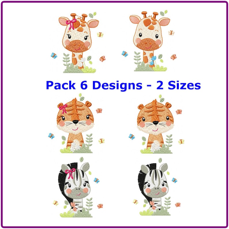 May include: A set of six embroidery designs featuring cute animal illustrations. The designs include a giraffe, tiger, and zebra, each with a bow and surrounded by flowers and butterflies. The text "Pack 6 Designs - 2 Sizes" is displayed at the top of the image.