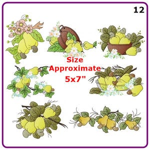 May include: A collection of six machine embroidery designs featuring yellow cashew fruits, green leaves, and small white flowers. The text "Size Approximate 5x7"" is centered in the middle, and the number "12" is located in the top right corner.
