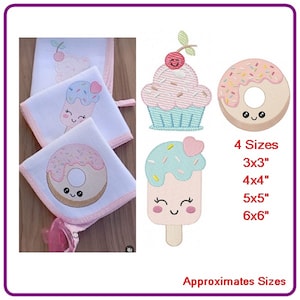 Pode incluir: Quatro desenhos bordados de um cupcake, um donut, um picolé e um donut com granulado. Cada desenho tem um rosto bonito e está disponível em quatro tamanhos: 3x3 polegadas, 4x4 polegadas, 5x5 polegadas e 6x6 polegadas.