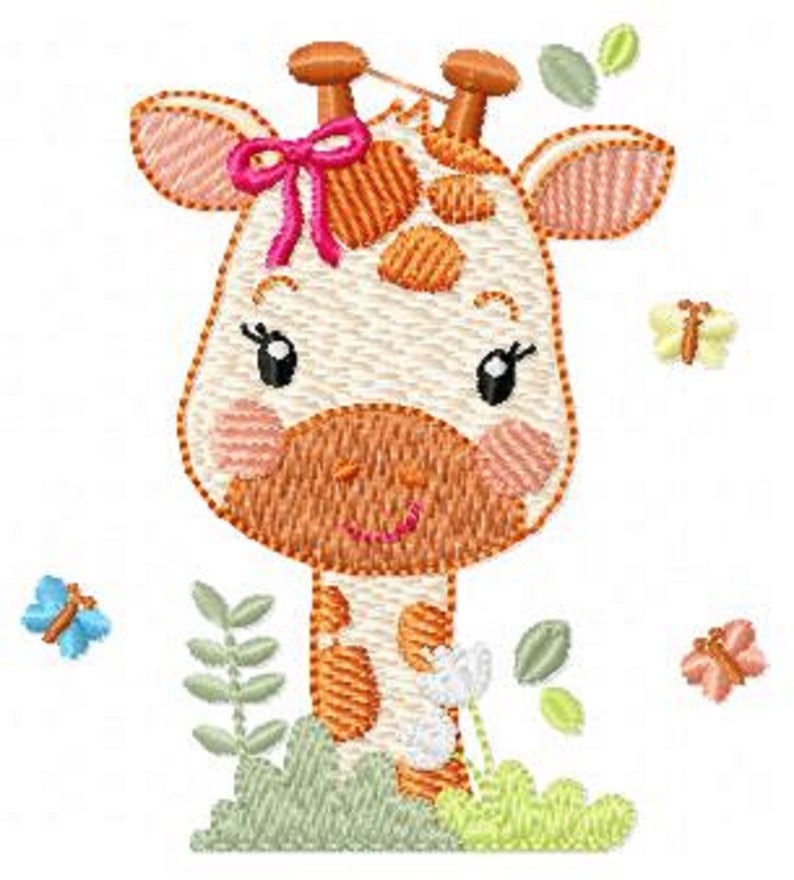 May include: Embroidered design of a cute giraffe with a pink bow, surrounded by green leaves and butterflies. The giraffe has a brown and orange spotted pattern.