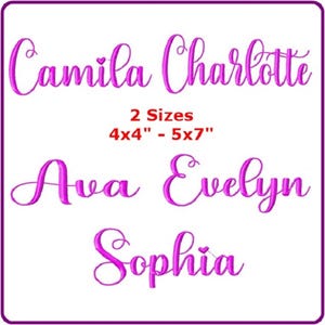 Puede incluir: Un fondo blanco con los nombres "Camila Charlotte", "Ava Evelyn" y "Sophia" en una fuente rosa brillante. También se muestra el texto "2 Tamaños 10x10cm - 13x18cm". La imagen está enmarcada con un borde púrpura.