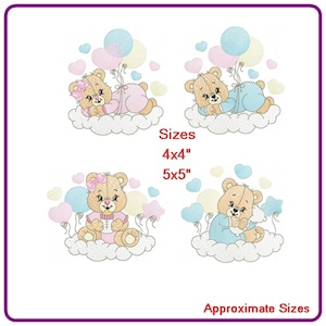 Pode incluir: Três desenhos bordados de ursos de peluche com balões e corações. Os desenhos estão disponíveis em dois tamanhos: 4x4 polegadas e 5x5 polegadas.