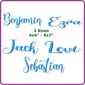 May include: Blue script names Benjamin, Ezra, Jack, Levi, and Sebastian are displayed on a white background. The text "2 Sizes 4x4" - 5x7"" is also present. The names are in a cursive font.