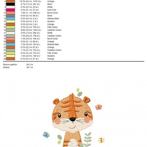 May include: Embroidered design of a cartoon tiger with orange and black stripes, surrounded by green leaves and butterflies. The design includes the text "Girafa Menina 10.pes".