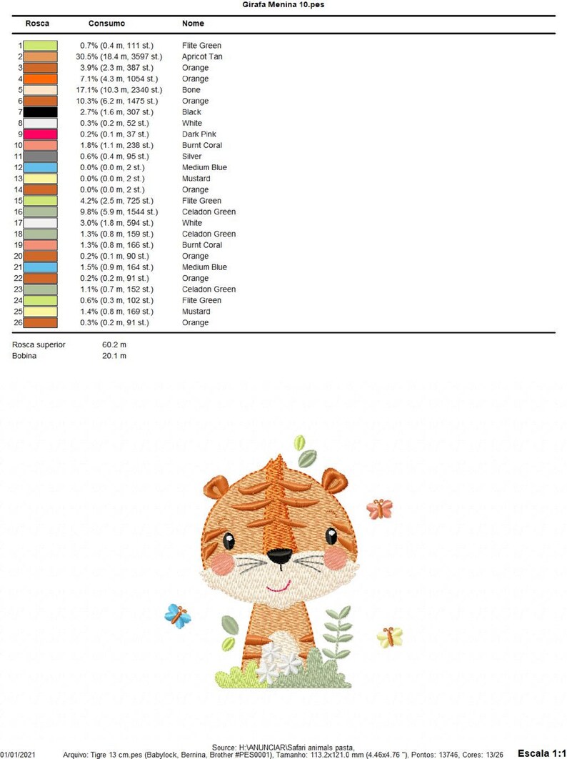 May include: Embroidered design of a cartoon tiger with orange and black stripes, surrounded by green leaves and butterflies. The design includes the text "Girafa Menina 10.pes".