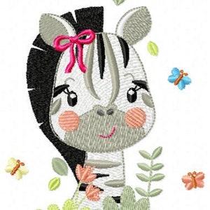 May include: A cute cartoon zebra with black and white stripes, wearing a pink bow. The zebra is surrounded by green leaves and pink flowers. There are also butterflies in the image.