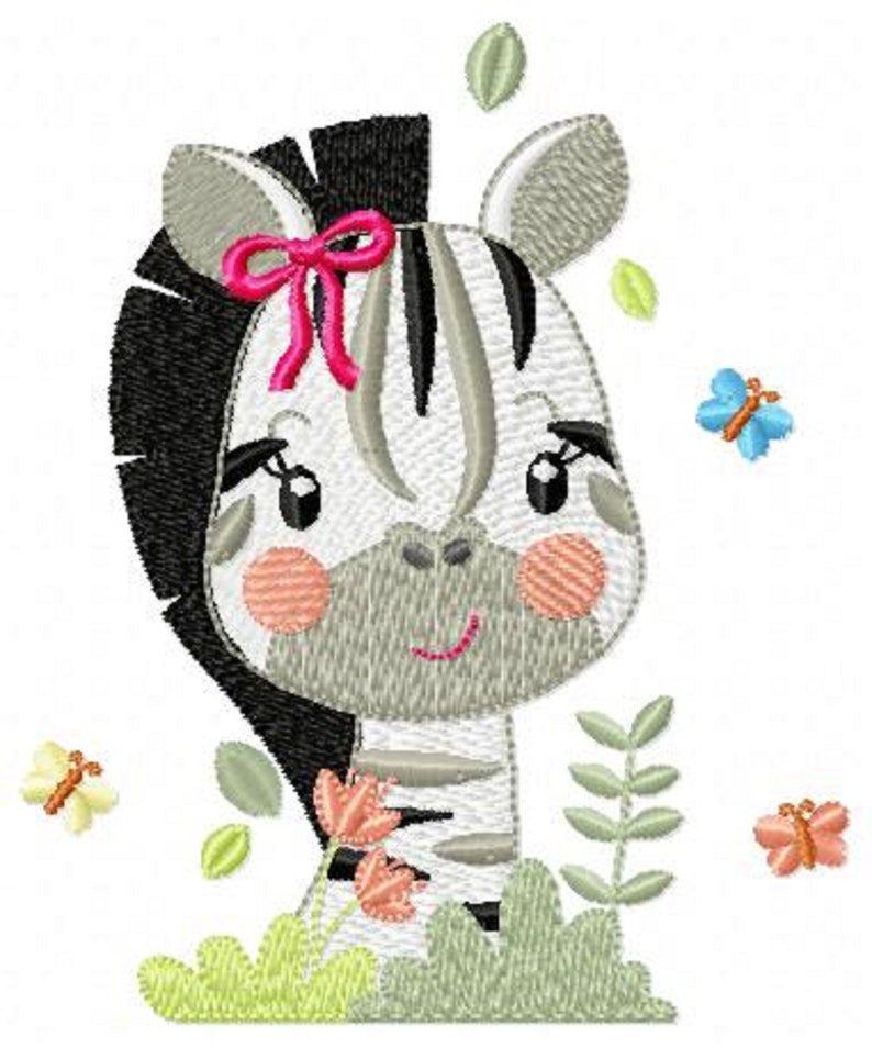 May include: A cute cartoon zebra with black and white stripes, wearing a pink bow. The zebra is surrounded by green leaves and pink flowers. There are also butterflies in the image.