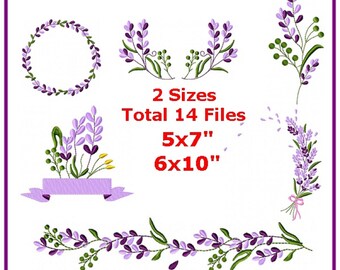 May include: A set of 14 embroidery designs featuring purple lavender flowers in various arrangements, including a wreath, a bouquet, and a border. The designs are available in two sizes: 5x7 inches and 6x10 inches.