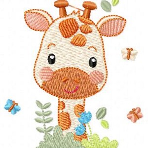 May include: Embroidered design of a cute giraffe with orange and brown spots, surrounded by green leaves and blue flowers. There are also butterflies in the design.