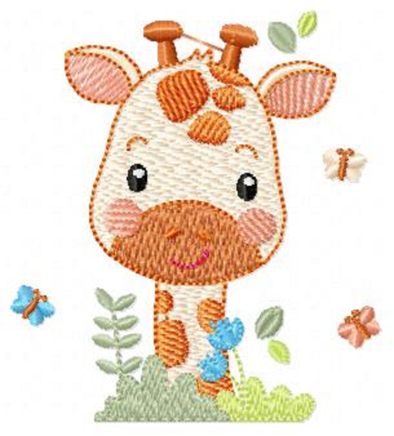 May include: Embroidered design of a cute giraffe with orange and brown spots, surrounded by green leaves and blue flowers. There are also butterflies in the design.