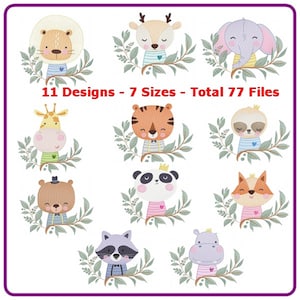Puede incluir: Una colección de once diseños bordados de animales, incluyendo un león, un ciervo, un elefante, una jirafa, un tigre, un perezoso, un oso, un panda, un zorro, un mapache y un hipopótamo. Cada animal está enmarcado por hojas verdes y lleva una camisa a rayas. El texto dice "11 Designs - 7 Sizes - Total 77 Files."
