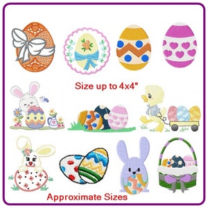 May include: A set of 10 Easter-themed embroidery designs featuring bunnies, chicks, eggs, and baskets. The designs are up to 4 inches in size.