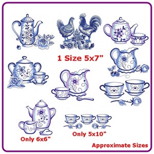 Pode incluir: Desenhos de bordado com bules, xícaras e um galo e uma galinha. Os desenhos são em azul e branco com detalhes florais. O texto "1 Size 5x7" e "Only 5x10" está incluído na imagem. Os tamanhos aproximados são listados.