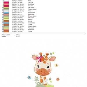 May include: A colorful embroidery design of a cartoon giraffe with a pink bow, surrounded by green leaves and butterflies. The design includes a color chart with the names and percentages of each color used in the embroidery.
