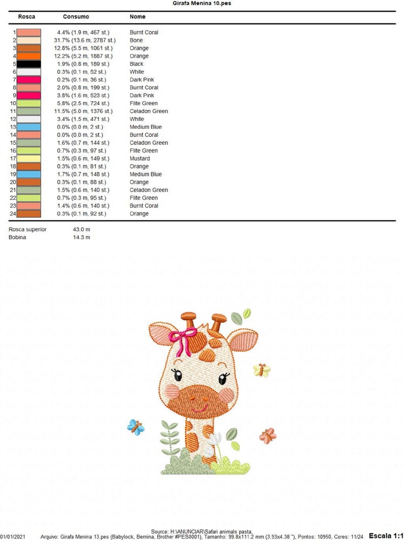 May include: A colorful embroidery design of a cartoon giraffe with a pink bow, surrounded by green leaves and butterflies. The design includes a color chart with the names and percentages of each color used in the embroidery.