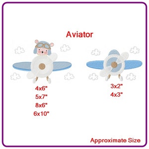 May include: An embroidery design of a cartoon bear wearing a pilot's hat and goggles flying a blue aeroplane. The design is available in four sizes: 4x6 inches, 5x7 inches, 8x6 inches, and 6x10 inches. The design also includes a smaller version of the aeroplane without the bear, available in two sizes: 3x2 inches and 4x3 inches.