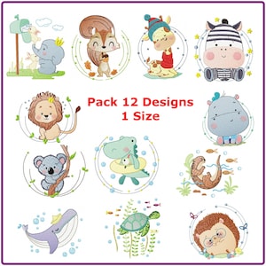 Puede incluir: Un conjunto de 12 diseños de bordado con animales adorables en un círculo. Los diseños incluyen un león, una ardilla, una jirafa, una cebra, un hipopótamo, un cocodrilo, un koala, una nutria, una ballena, una tortuga, un erizo y un elefante. El texto "Pack 12 Designs 1 Size" se muestra en el centro de la imagen.