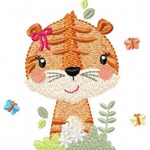 May include: A cute cartoon tiger with a pink bow, surrounded by green leaves and butterflies. The tiger is smiling and holding a bouquet of white flowers.