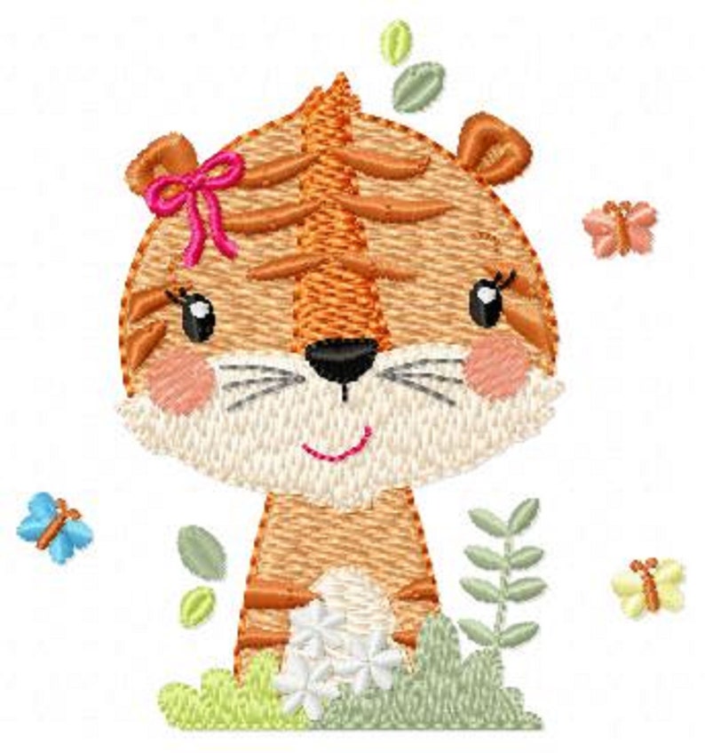 May include: A cute cartoon tiger with a pink bow, surrounded by green leaves and butterflies. The tiger is smiling and holding a bouquet of white flowers.