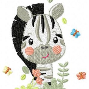 May include: A cute cartoon zebra with black and white stripes, gray ears, and a pink nose. The zebra is surrounded by green leaves and butterflies.