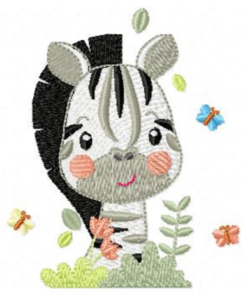 May include: A cute cartoon zebra with black and white stripes, gray ears, and a pink nose. The zebra is surrounded by green leaves and butterflies.