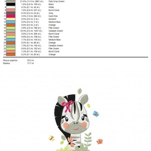 May include: A colorful embroidery design of a cartoon zebra with a pink bow, surrounded by green leaves and butterflies. The design includes a color chart with the names and consumption of each color thread used.