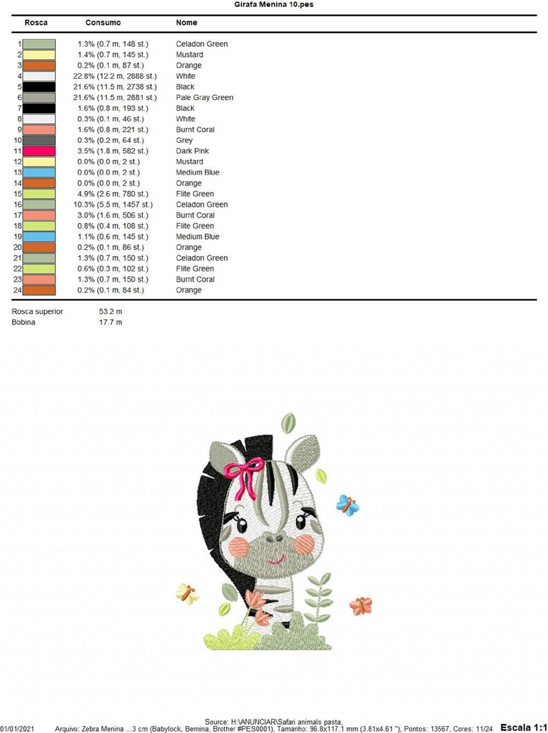 May include: A colorful embroidery design of a cartoon zebra with a pink bow, surrounded by green leaves and butterflies. The design includes a color chart with the names and consumption of each color thread used.