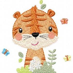 May include: A cute cartoon tiger with orange and brown stripes is smiling. The tiger is surrounded by green leaves and white flowers. There are also butterflies in the image.