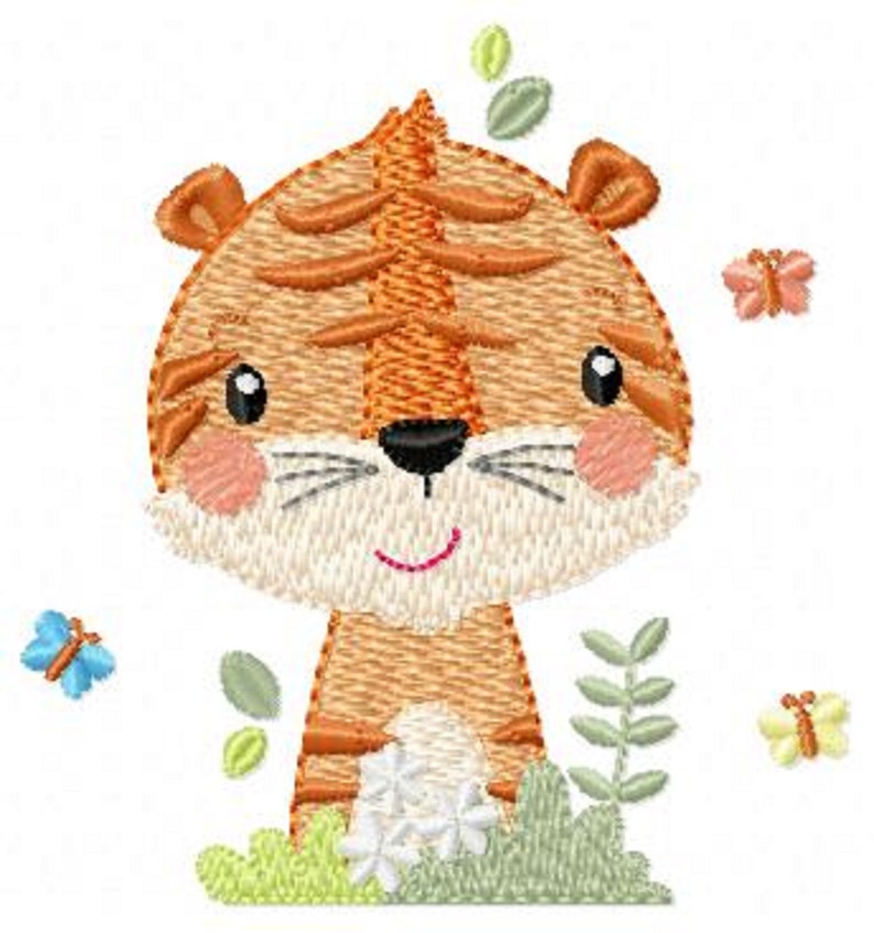 May include: A cute cartoon tiger with orange and brown stripes is smiling. The tiger is surrounded by green leaves and white flowers. There are also butterflies in the image.