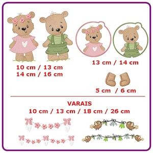 May include: Embroidered designs featuring two brown teddy bears, one in a pink dress and the other in green overalls. The bears are shown in different sizes and configurations, including a pair of bear paws. The text "10 cm / 13 cm / 18 cm / 26 cm" is also included.