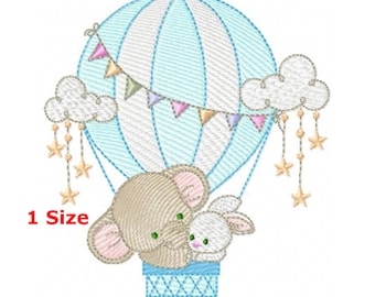 Elephant and rabbit in balloon embroidery designs machine embroidery pattern - instant download.