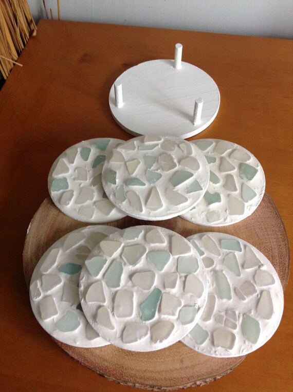 6 Sea Glass Coasters and Stand Etsy