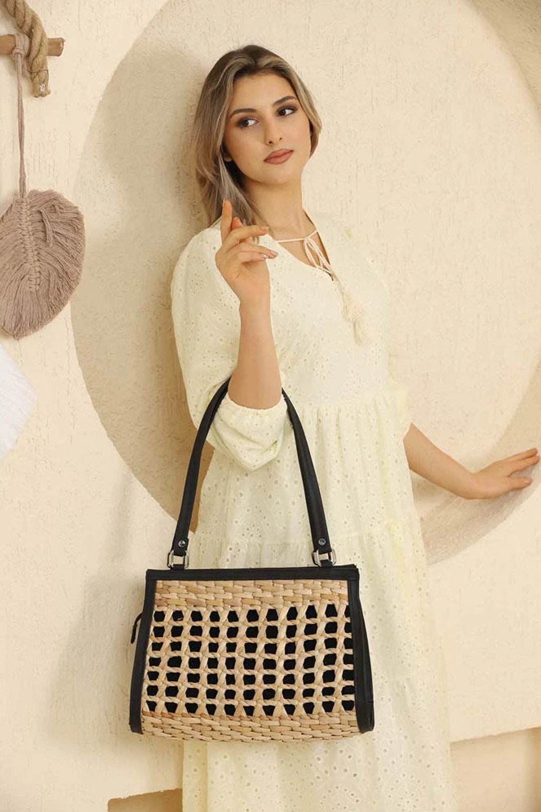 Blossom Straw Bag- Black main image 1