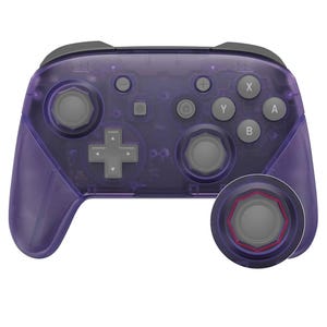 May include: A purple translucent Nintendo Switch controller with gray buttons and a gray analog stick. The controller has a textured grip and a circular button on the right side.