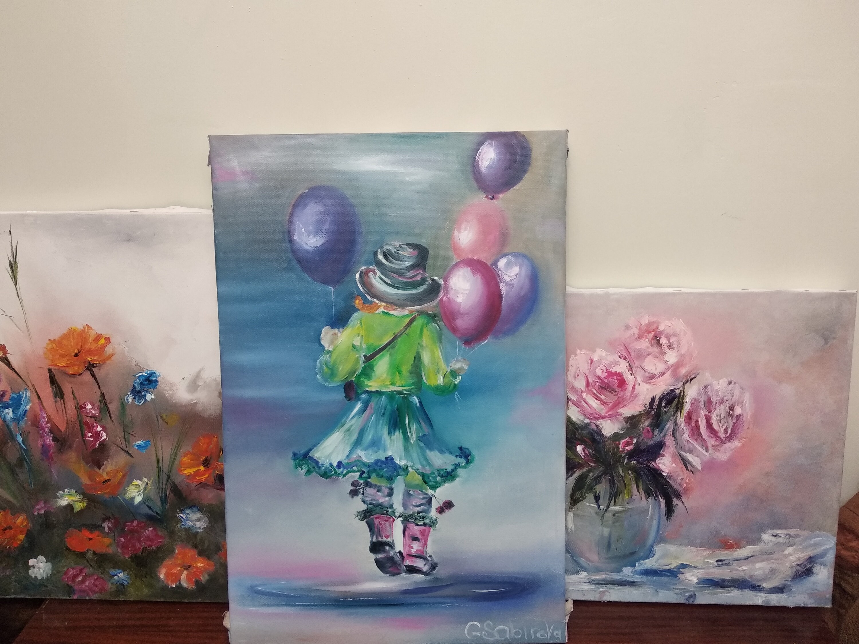 Girl with balloons. Original Oil Painting. New year gift Etsy