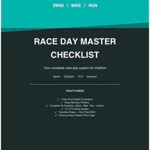 May include: A teal and dark gray checklist titled "RACE DAY MASTER CHECKLIST" for triathlons. The checklist includes a 7-day race week countdown, race morning timeline, and kit checklist. The text "SWIM | BIKE | RUN" is at the top.