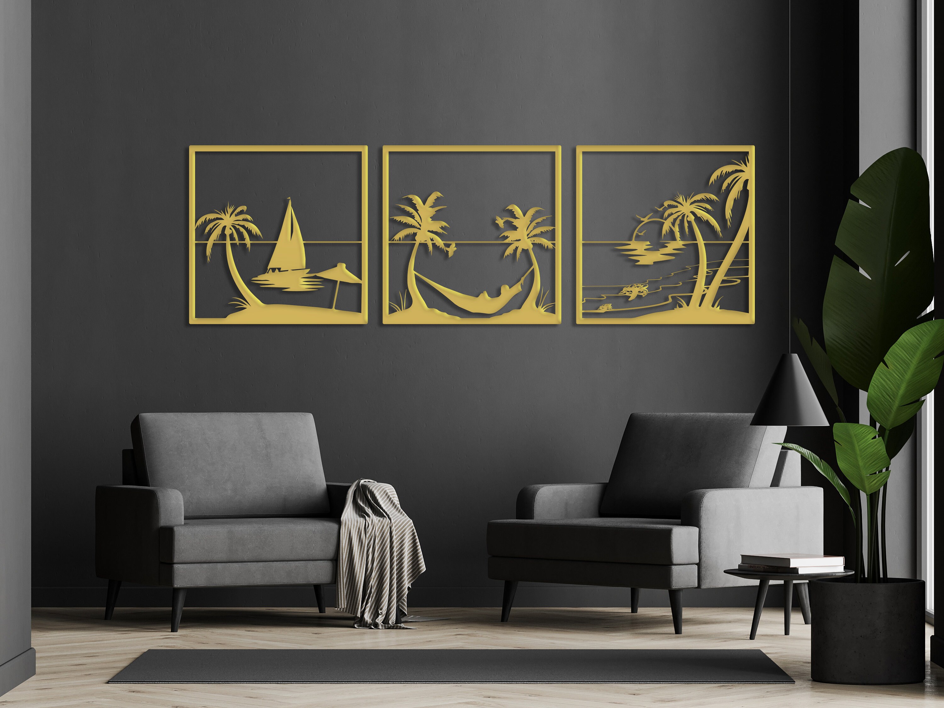 Set of 3 Beach Theme Metal Wall Art, Tropical Beach Wall Art, Beach House Wall Art, Summer Wall