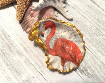 Pink Flamingo Oyster Shell Art Decor Jewelry Dish
