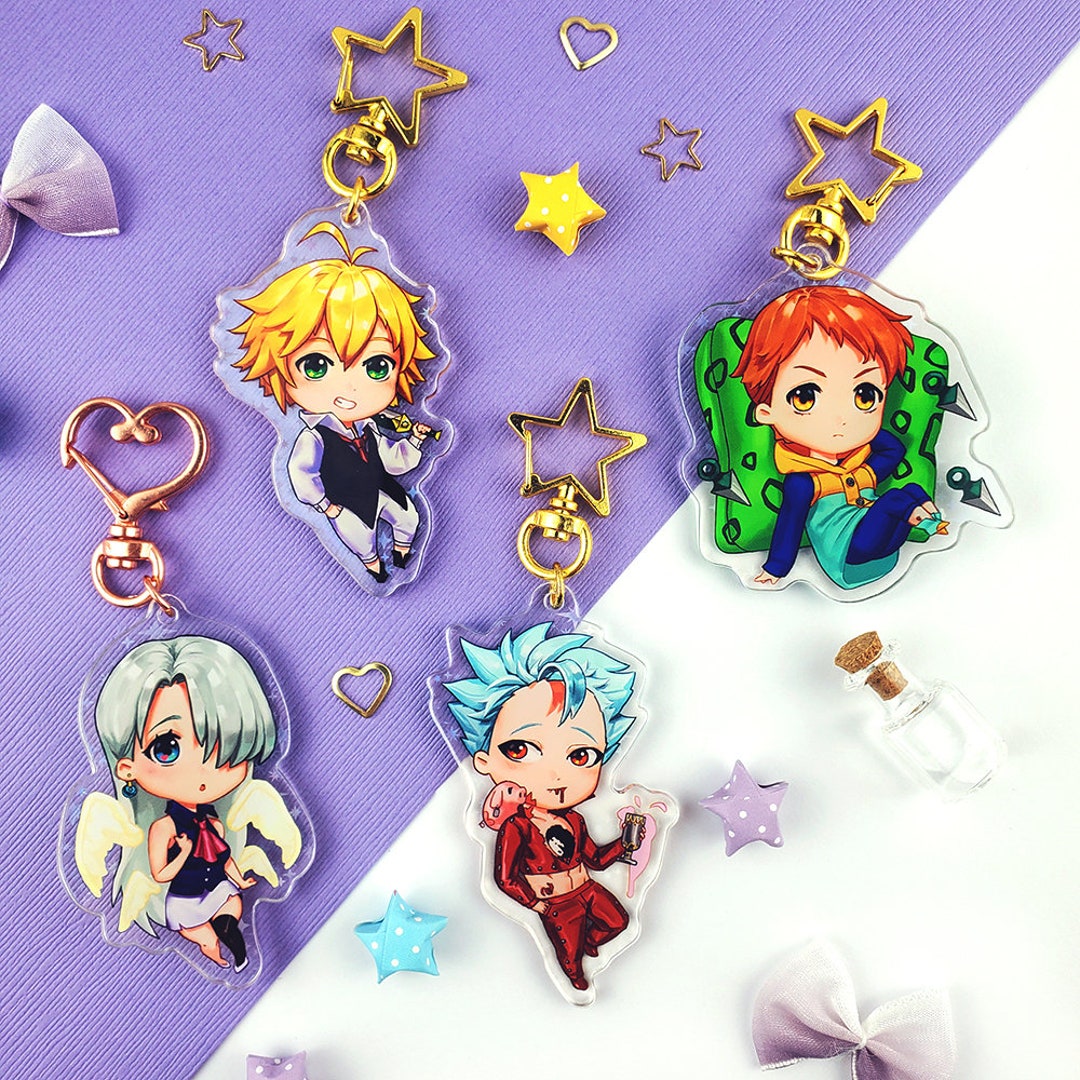 Deadly Sins Double Sided Holographic Anime Charm Keychain Meliodas King Ban Merlin Gowther Escanor Elizabeth Etsy