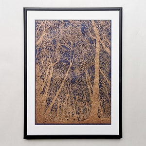 May include: A framed print of a gold metallic silhouette of trees against a dark blue background.